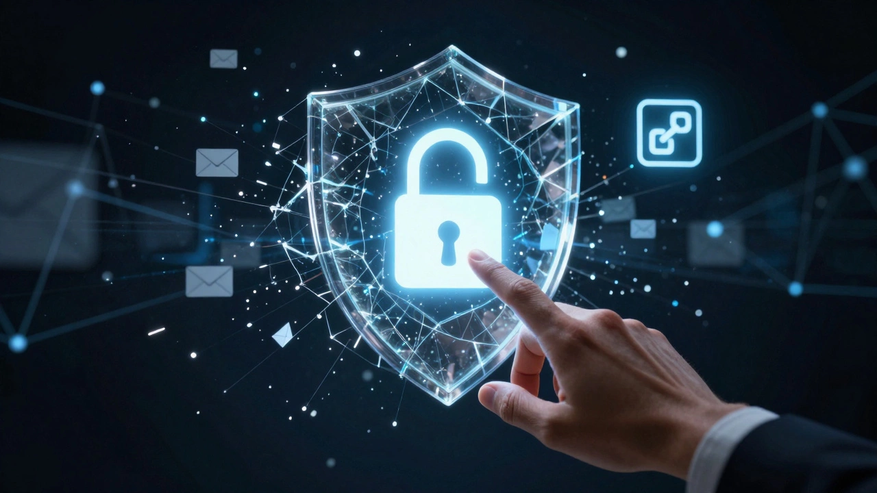 A hand about to click as a digital shield breaks into phishing fragments.