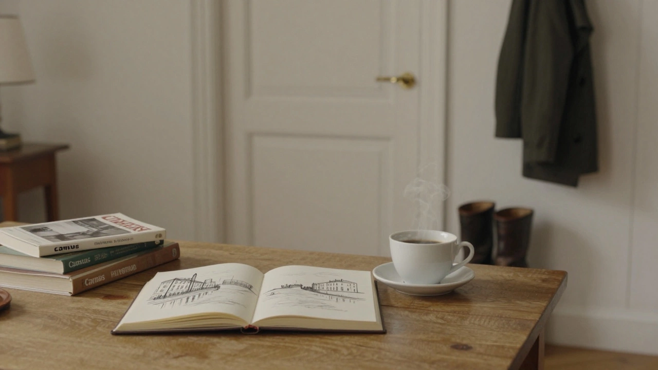 A personal workspace in a Paris apartment with a sketchbook, coffee, and books, suggesting thoughtful solitude and creative life.