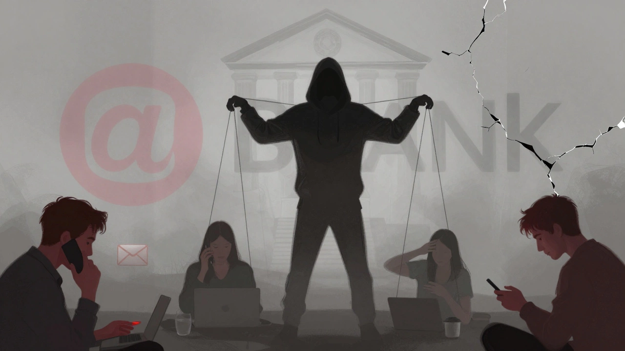 A shadowy manipulator controlling people through phishing emails and calls.