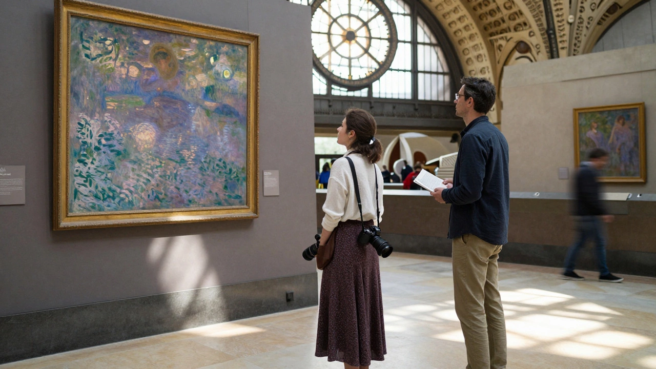 A woman and man appreciating art together at the Musée d’Orsay, bathed in sunlight streaming through the iconic clock window.